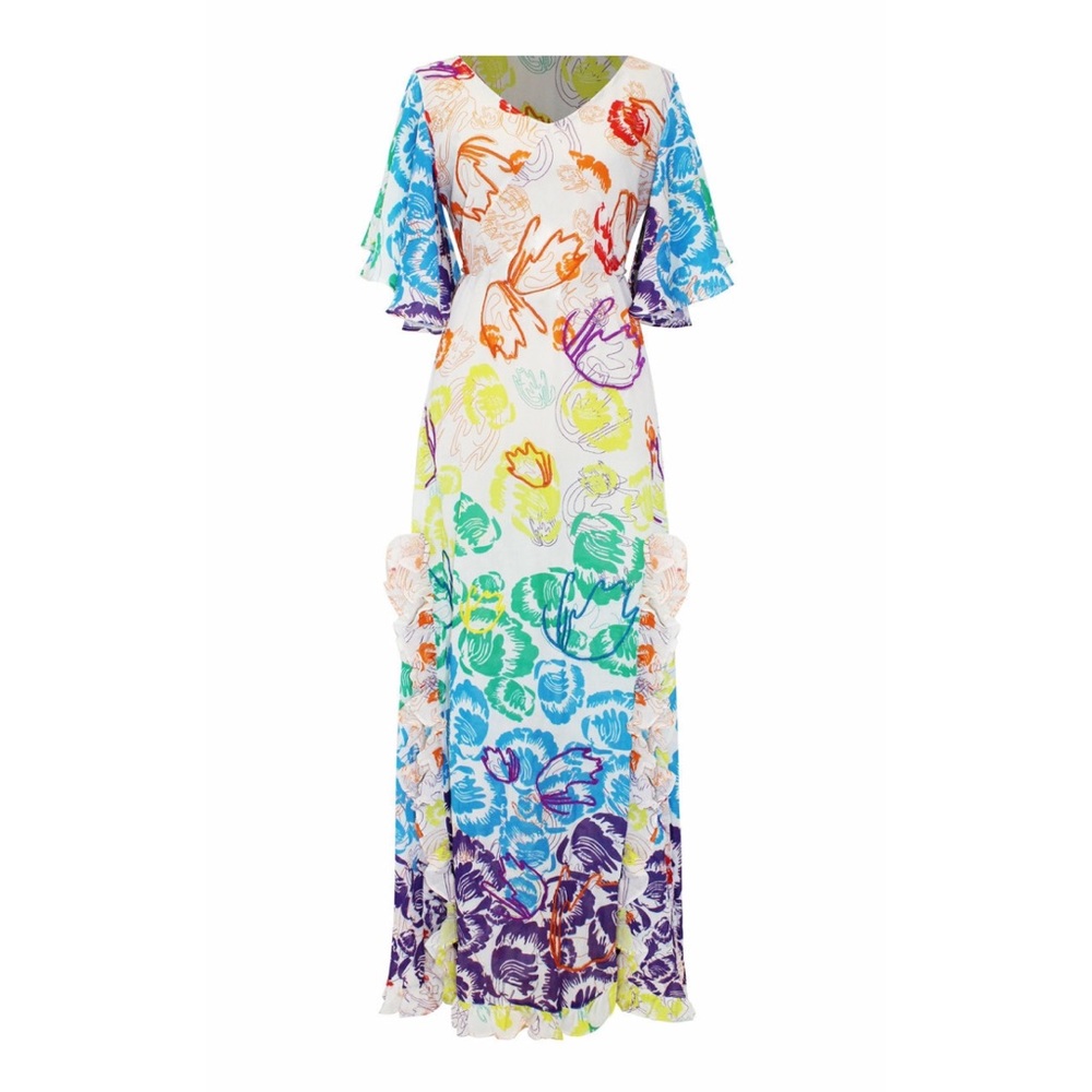 All Things Mochi | Rainbow Embroidered Leoni Ruffle Maxi Dress